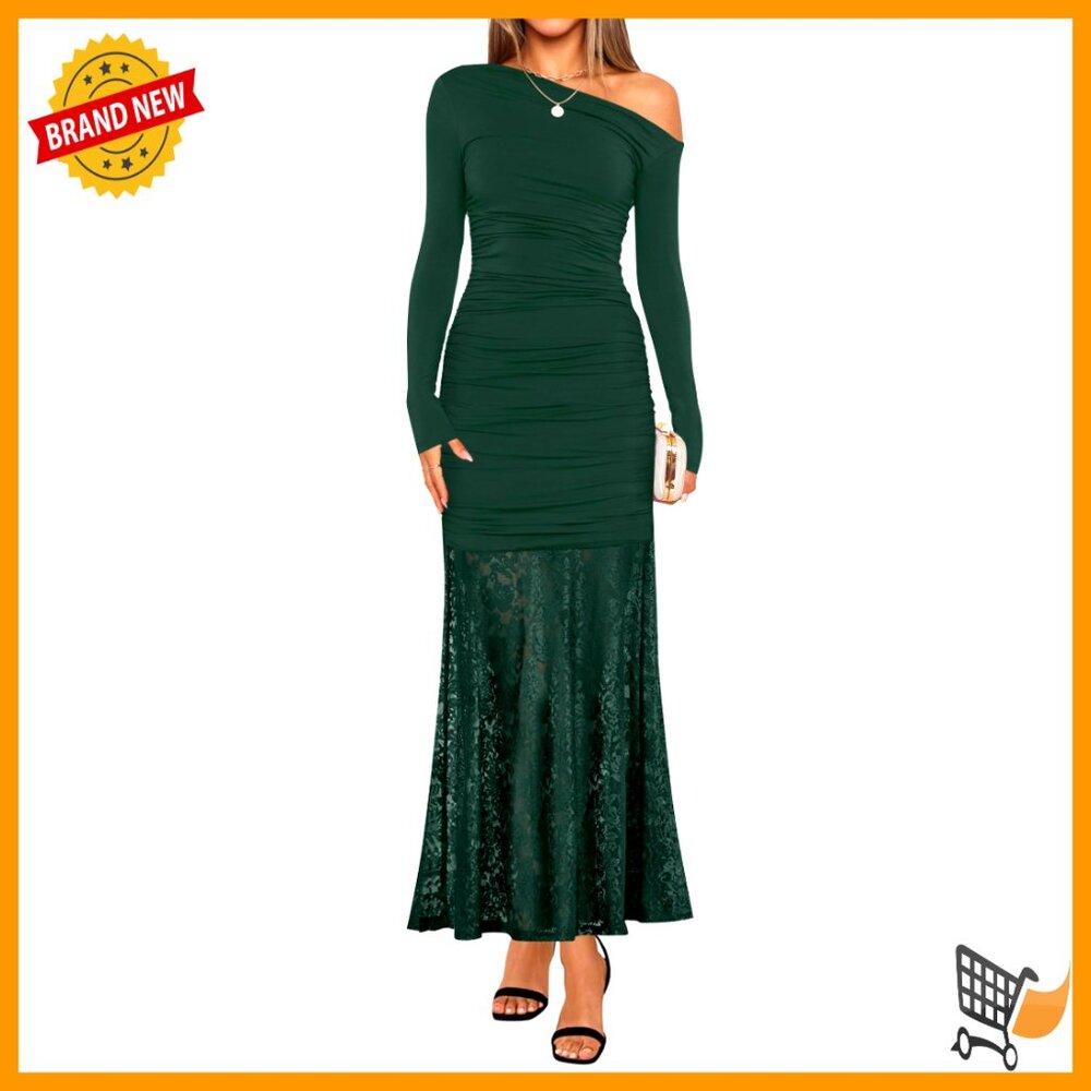Long Sleeve Off Shoulder Bodycon Maxi Dress Ruched Lace Formal Cocktail